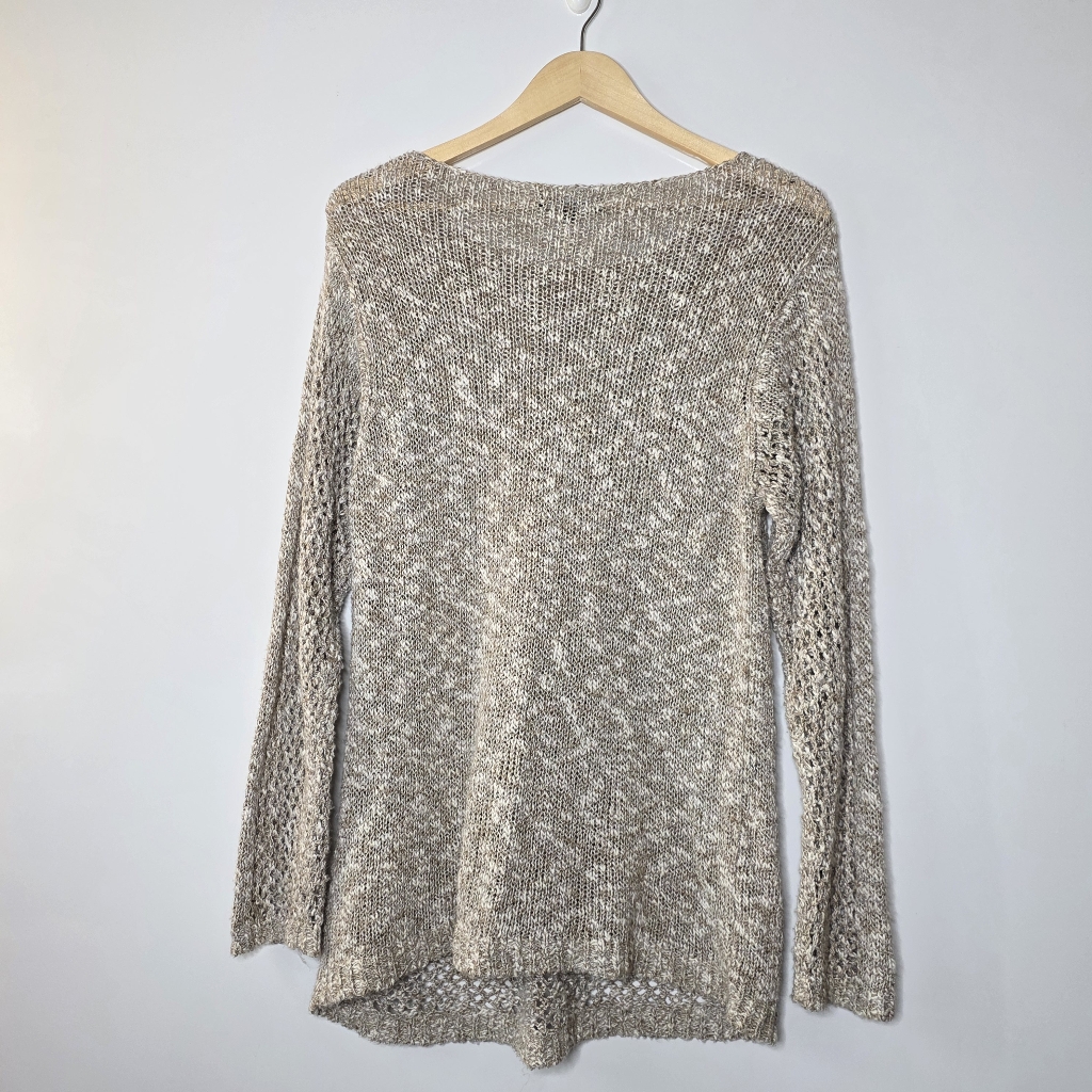 Lafayette 148 Taupe And Beige Open Knit Long Sleeve Linen Blend Sweater Size Xl